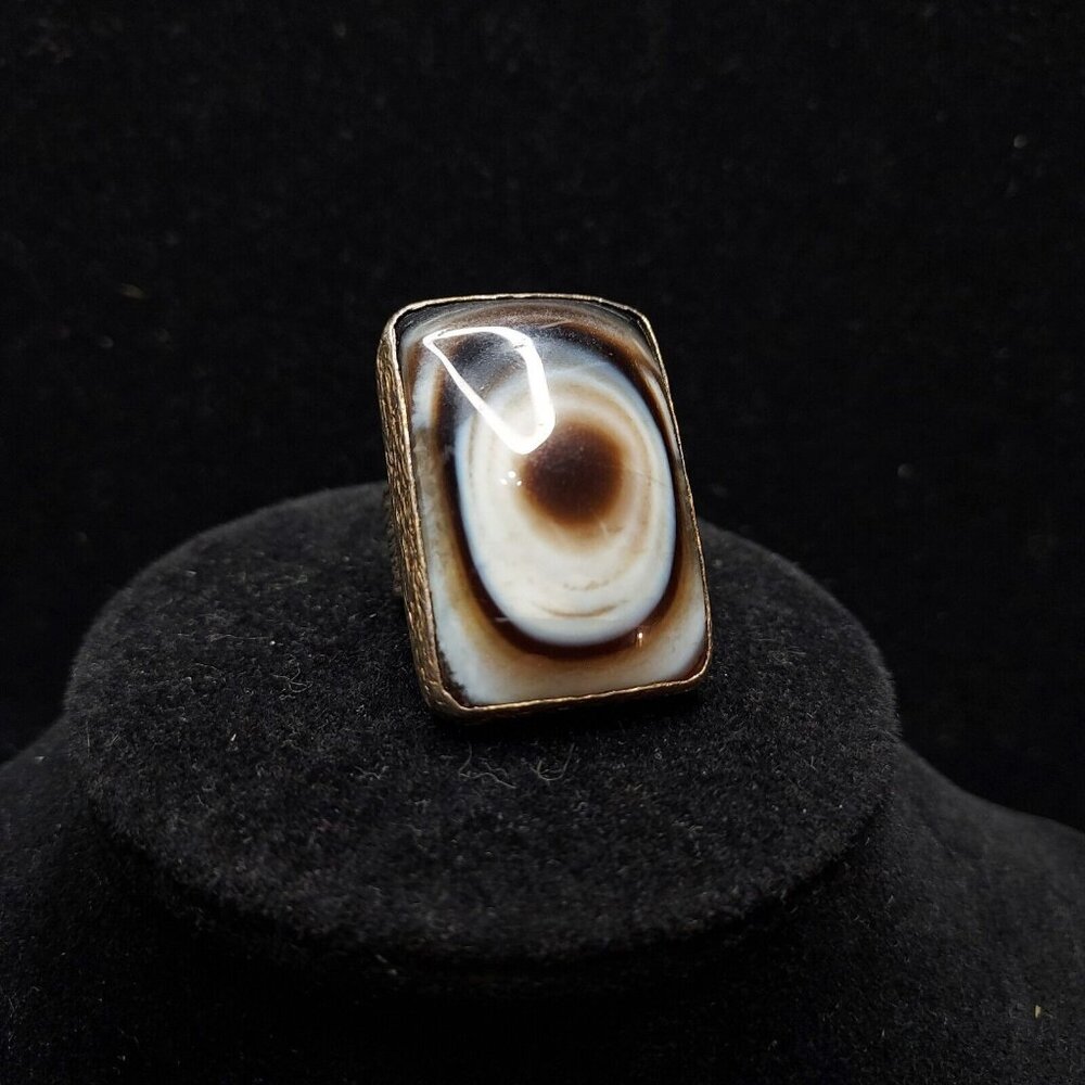 Artisan Textured Brown Blue Gray 925 Rectangle Eye Agate Ring Size 4.75 See pic